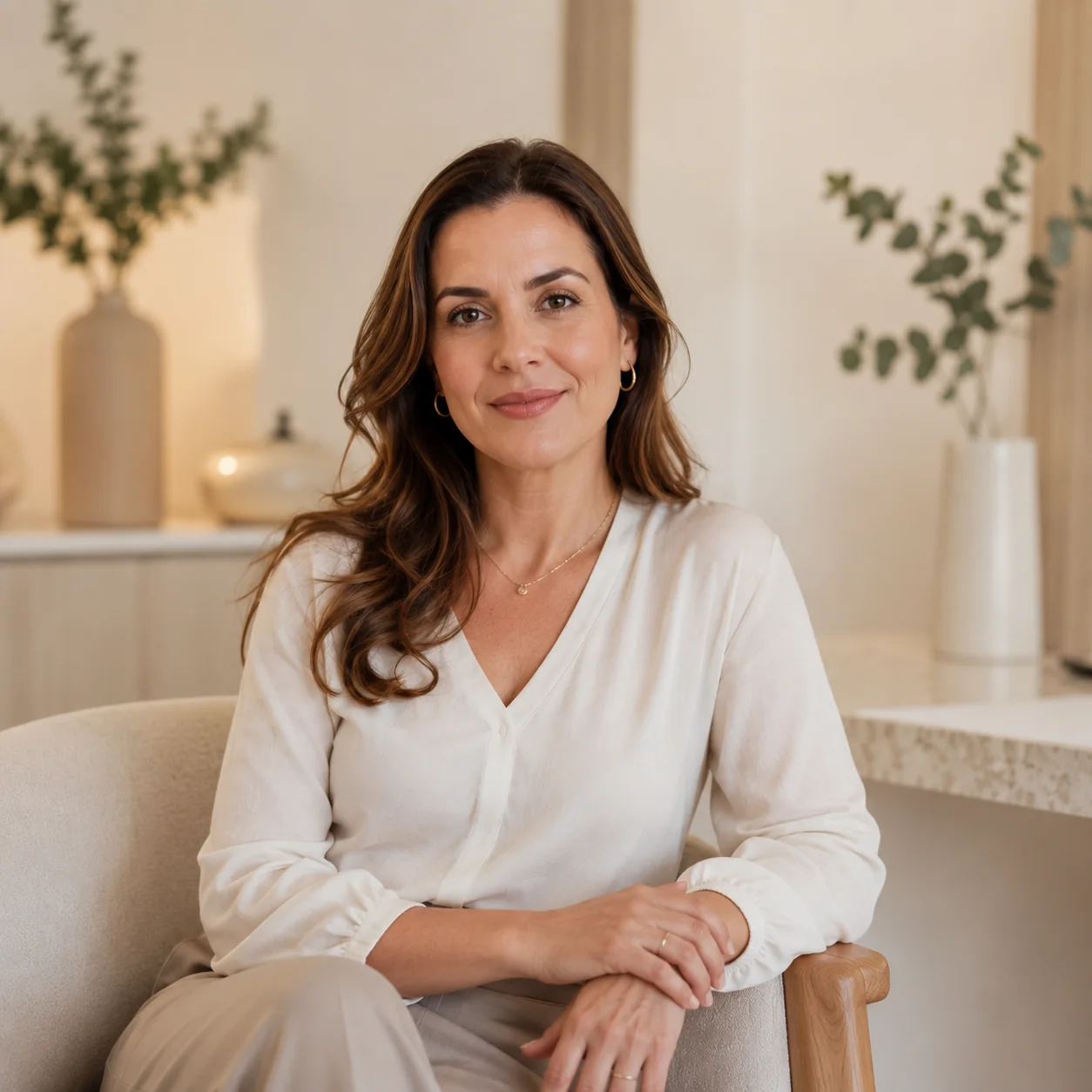 Mulher sorrindo em ambiente acolhedor, representando o cuidado ginecológico